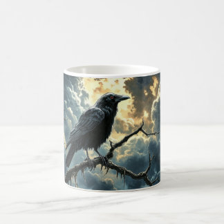 Mug corbeau noir aux yeux rouges perché sur un arbre n