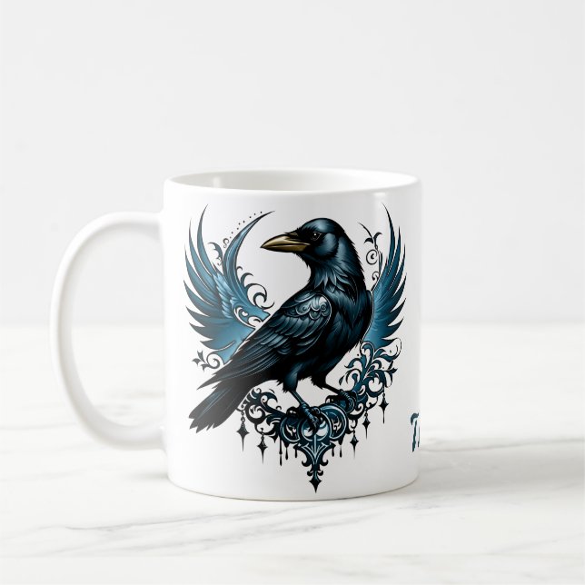 Mug Corbeau noir majestueux assis sur un orné (Gauche)