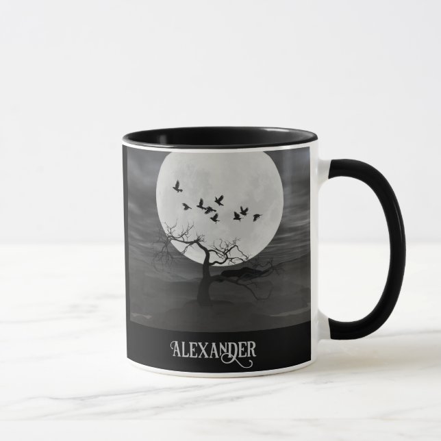 Mug Corbeaux effrayants volant contre la pleine lune (Droite)
