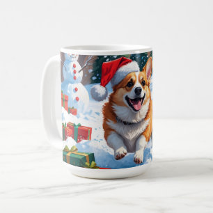 Mug Corgi courant dans la neige avec un chapeau de Noë