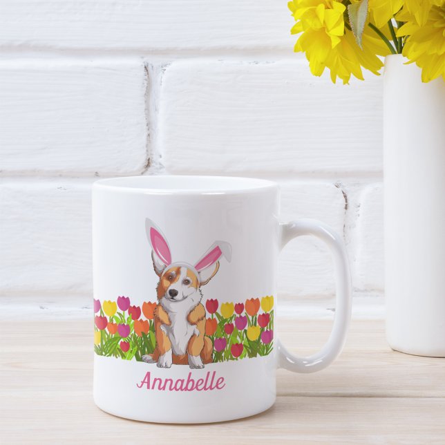 Mug Corgi Pâques Fleurs de lapin mignonne Personnalisé (Créateur téléchargé)