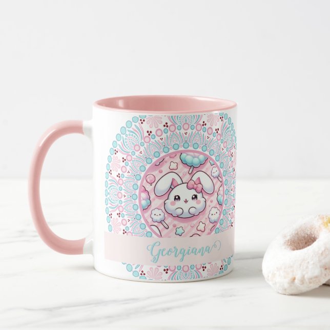 Mug Coton Personnalisé Candy Kawaii Bunny Dot Mandala (Avec donut)