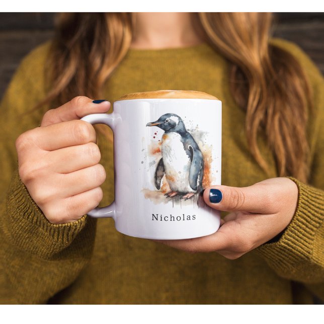 Mug Coucher de soleil Aquarelle Pingouin, personnalisé (Créateur téléchargé)