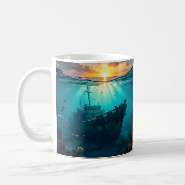 Mug Coucher de soleil sous-marin et surfeur de dauphin (Gauche)