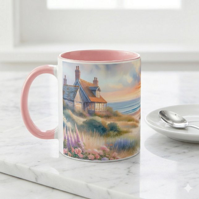 Mug Coucher de soleil sur les dunes de la maisonnette  (Coastal Cottage Sunset Dunes Watercolor Mug)
