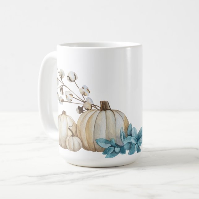 MUG COULEUR D'EAU CHUTE BLANC CITROUILLES & FLEURS BLE (Devant gauche)
