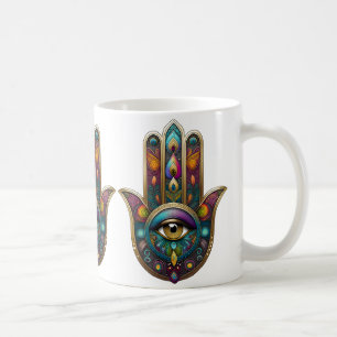 Mug Couleurs de paon Hamsa avec Troisième Œil en or