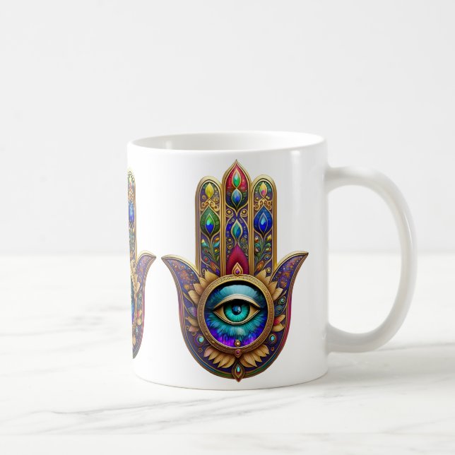 Mug Couleurs Paon Doré Hamsa Saphir Vert Troisième Œil (Droite)