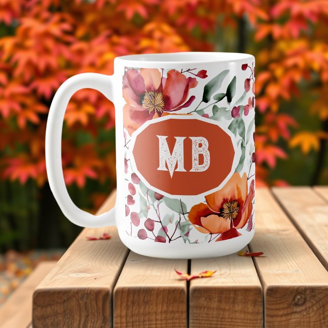 Mug Couleurs terreuses, fleurs d'automne Monogrammées (Créateur téléchargé)