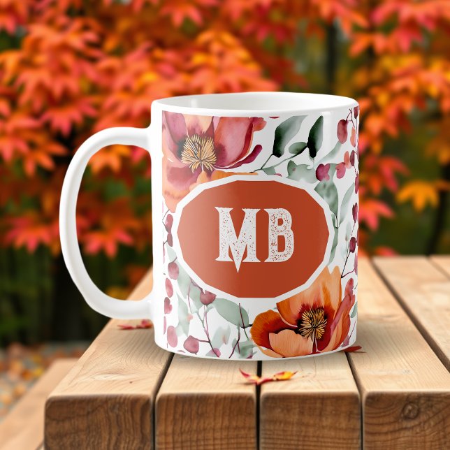 Mug Couleurs Terreuses, Fleurs d'Automne Monogrammées (Créateur téléchargé)