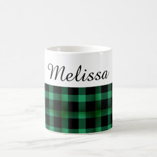 Mug Country Chic Green Black Plaid Nom personnalisé