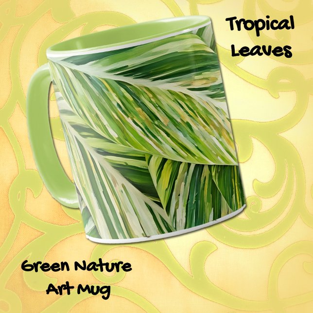 Mug Coupe d'art de la nature verte Feuille tropicale (Beautiful tropical plant leaves in a watercolor art style on a nice mug.)