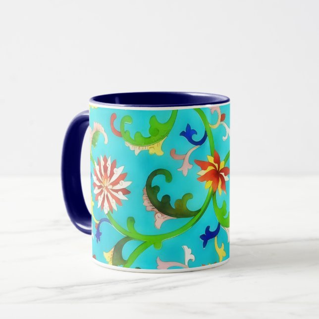 Mug Coupe d'art Turquoise Floral vintage (Devant gauche)