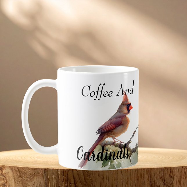 Mug Couple Cardinal Moderne Rouge Personnaliser (Morning coffee and bird watching, Customize the wording)