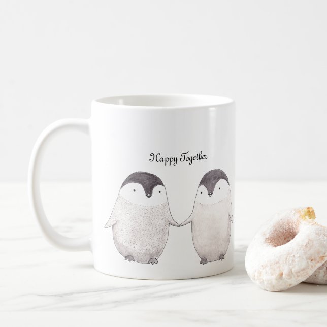 Mug Couple de manchots mignons heureux ensemble pour l (Avec donut)