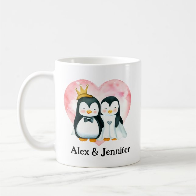 Mug Couple de manchots personnalisés pour mariage (Gauche)