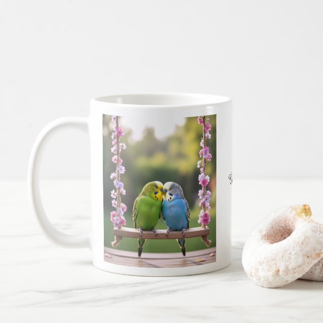 Mug Couple de perruches mignonnes avec nom personnalis (Avec donut)