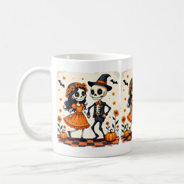 Mug Couple de squelette d'Halloween mignon en orange (Gauche)