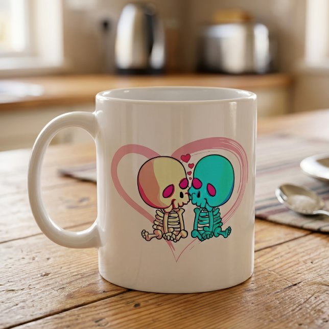 Mug Couple de squelettes romantiques s'embrassant dans (Romantic Skeleton Couple Kissing in Pink Heart. Coffee Mug)