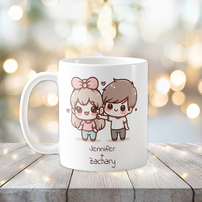 Mug Couple Flirtant Personnalisé De Style Chibi (Personalized Chibi-Style Flirting Couple Mug)