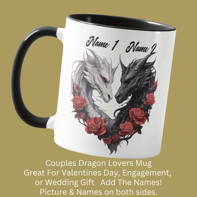 Mug Couples Noms Dragons Noir & Blanc, Fleurs Rouges (Créateur téléchargé)