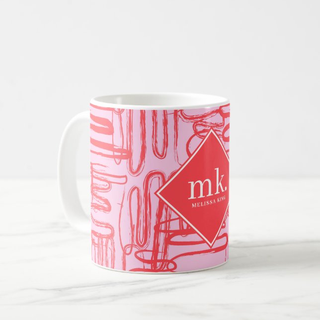 Mug Courbe Rose Rouge Gribouillis Abstrait Monogrammé (Devant gauche)