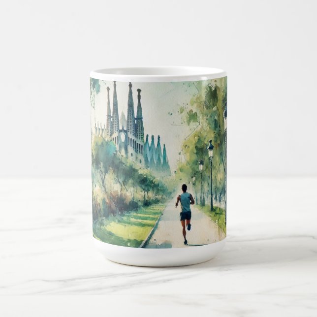 Mug Courir à Barcelone Espagne Aquarelle Peinture (Centre)