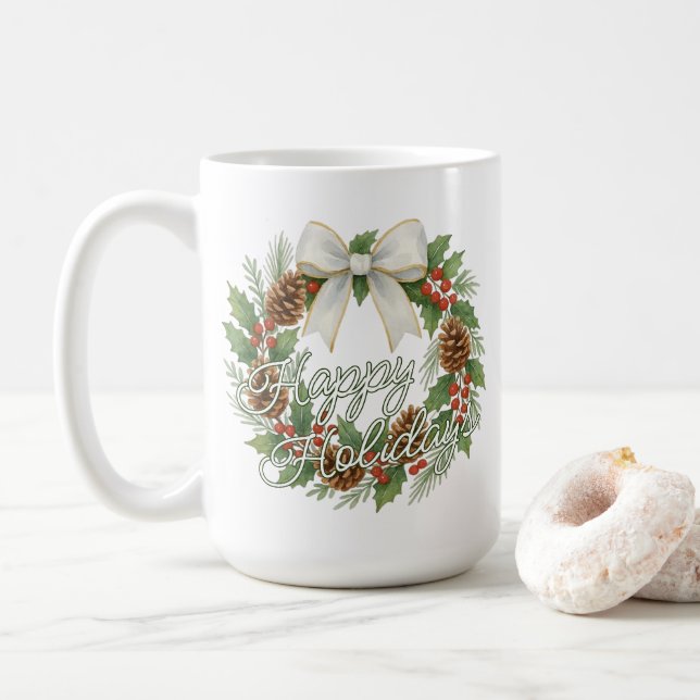 Mug Couronne de décembre élégante avec ruban blanc pou (Avec donut)