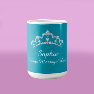 Mug Couronne de diamants, Nom, Votre message, Bleu sar