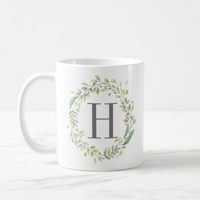 Mug Couronne de feuillage à l'aquarelle et monogramme (Gauche)