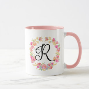 Mug Couronne de Fleurs Monogramme Rose Mignon (R)