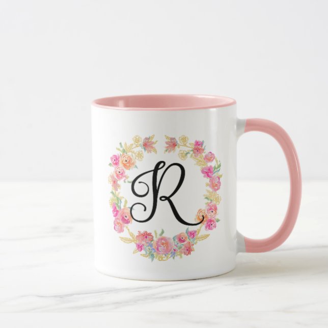 Mug Couronne de Fleurs Monogramme Rose Mignon (R) (Droite)