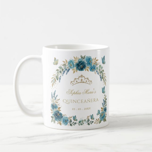 Mug Couronne de Fleurs Papillon Sarcelle Or Quinceañer (Gauche)