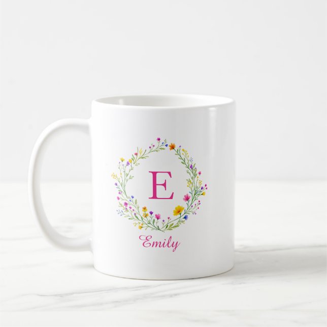Mug Couronne de fleurs sauvages personnalisée monogram (Gauche)