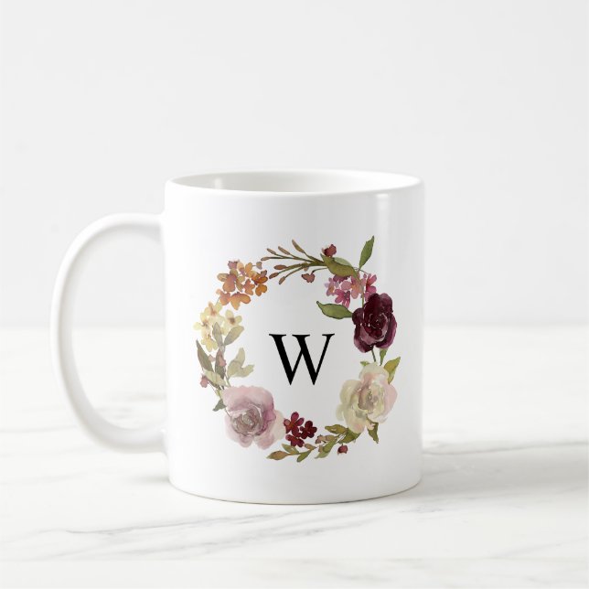 Mug Couronne de monogramme à l'aquarelle florale (Gauche)