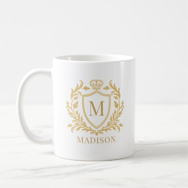 Mug Couronne de monogramme de blason héraldique en or (Gauche)