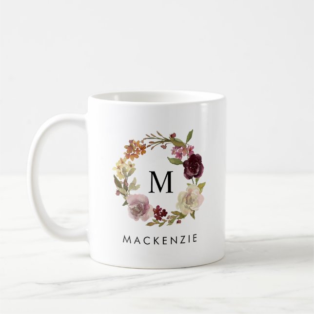 Mug Couronne de monogramme de nom à l'aquarelle floral (Gauche)