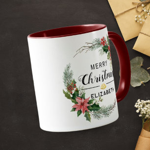 Mug Couronne de Noël aux fleurs et lettrage bordeaux