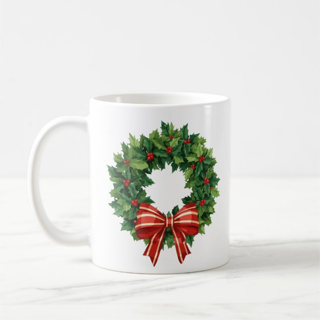 Mug Couronne de Noël classique avec nœud rouge (Gauche)