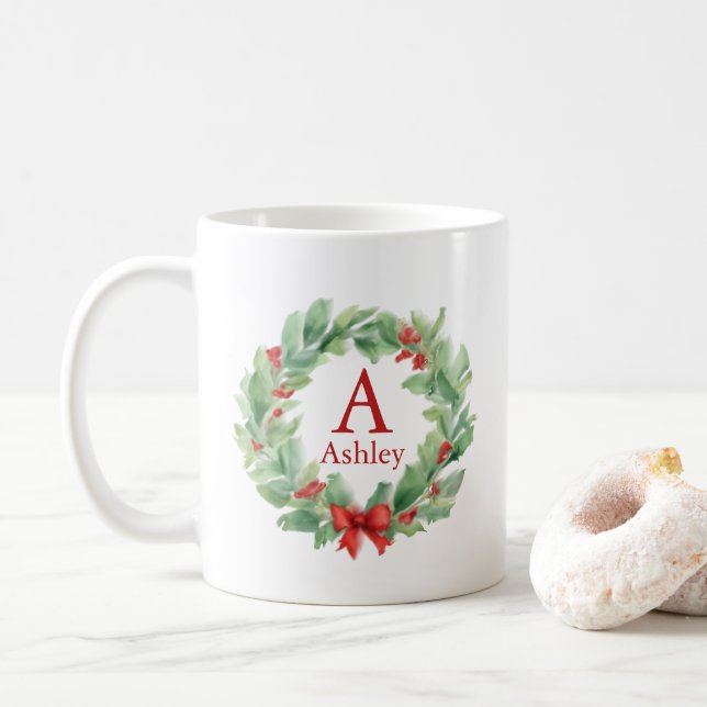 Mug Couronne de Noël en monogramme et nom en aquarelle (Avec donut)