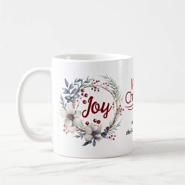 Mug Couronne de Noël, fleurs blanches, baies rouges Jo (Gauche)