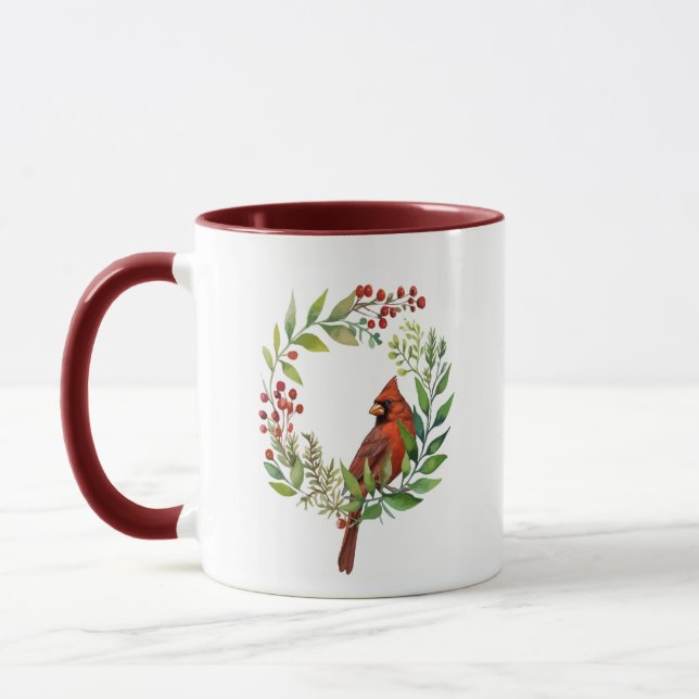 Mug Couronne de Noël oiseau cardinal rouge aquarelle (Gauche)