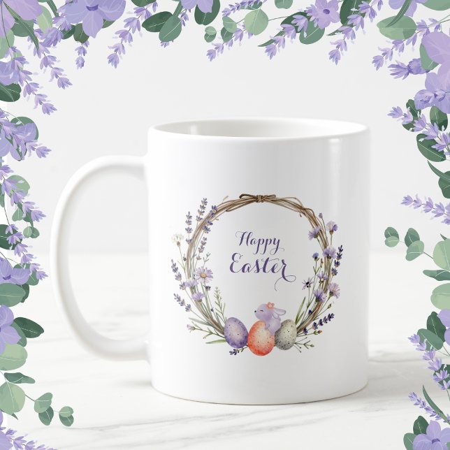 Mug Couronne de Pâques à l'aquarelle lavande Œufs Lapi (Créateur téléchargé)