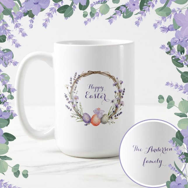 Mug Couronne de Pâques à l'aquarelle Lavande Œufs Lapi (Créateur téléchargé)