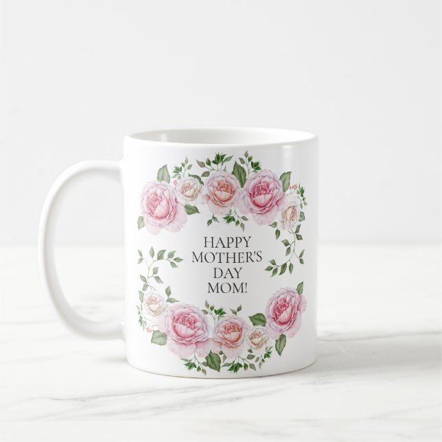 Mug Couronne de rose florale rose Joyeuse fête des mèr (Gauche)