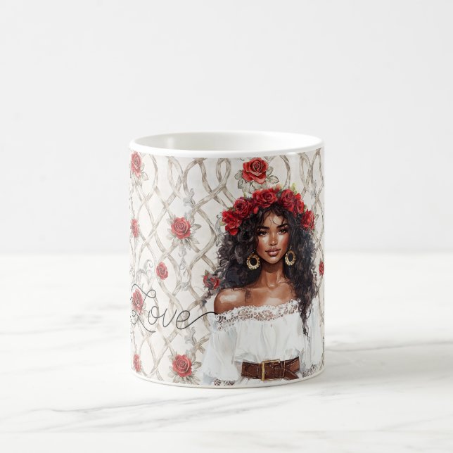 Mug Couronne de roses féminines noires Faux bois flora (Centre)