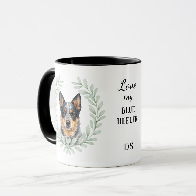 Mug Couronne d'eucalyptus Heeler bleu chien monogramme (Devant gauche)