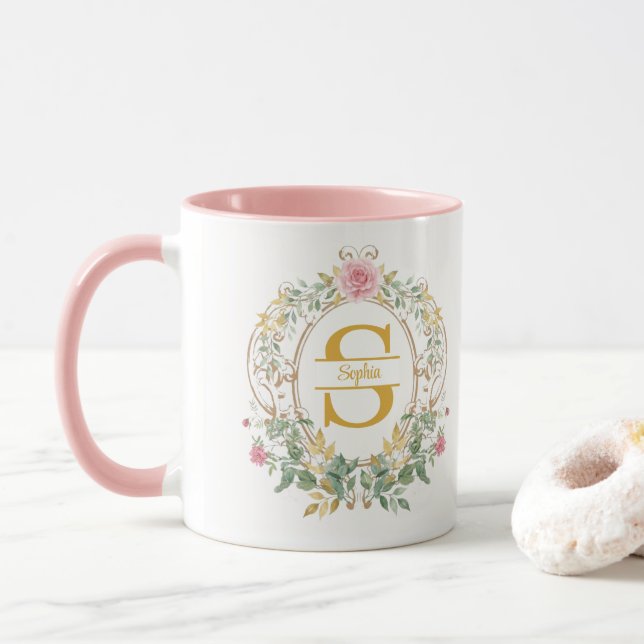 Mug Couronne florale aquarelle Monogramme initiale or (Avec donut)