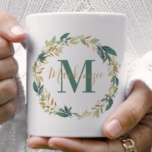 Mug Couronne florale de verdure en or Monogramme