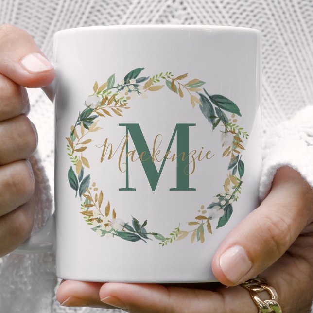 Mug Couronne florale de verdure en or Monogramme (Créateur téléchargé)
